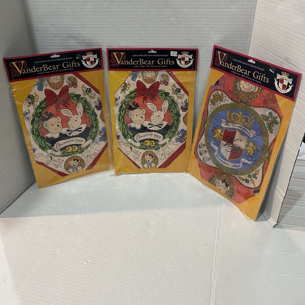 1997 Muffy VanderBear 100% Silk Scarf Gift Box Holiday NOS Accessory Lot Of 3